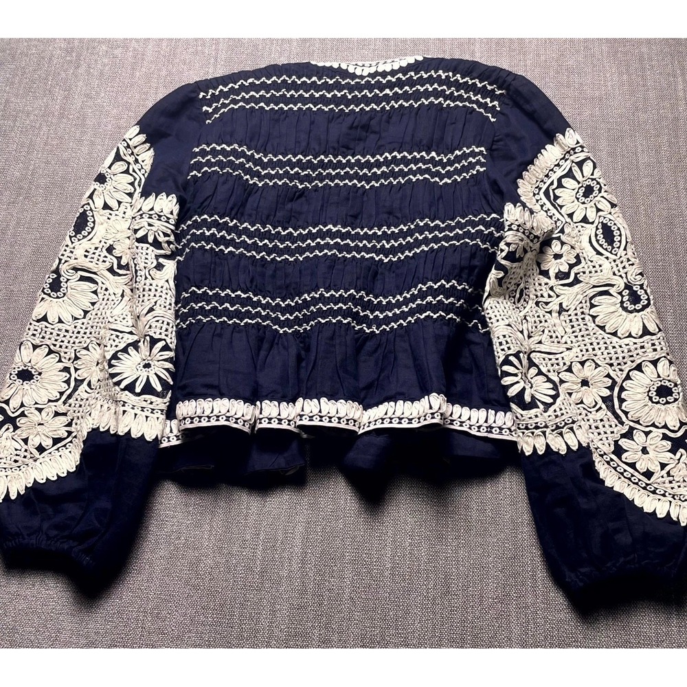 Veronica Beard Dorian Cropped Jacket Womens M Blue Floral Embroidery Smocked - Picture 2 of 11